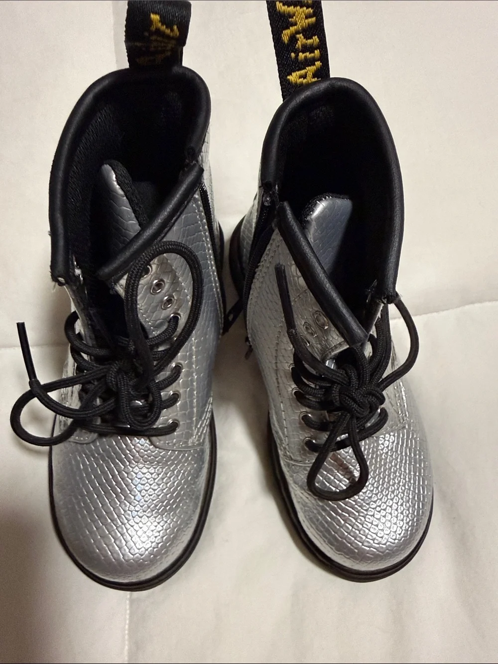 Dr. Martens Silver Snake-Embossed Kids Lace-Up Boots